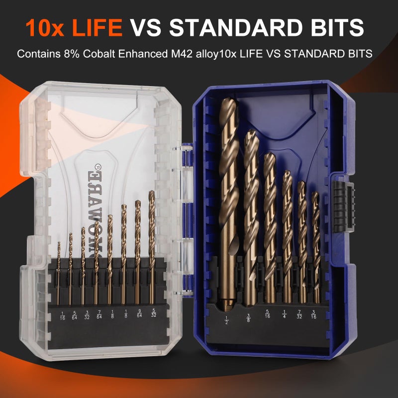COMOWARE Cobalt Drill Bit Set- 14Pcs M42 8% Cobalt High Speed Steel Twist Jobber Length for Hardened Metal, Stainless Steel, Cast Iron and Wood Plastic with Indexed Storage Case, 1/16"-1/2" - Image 2