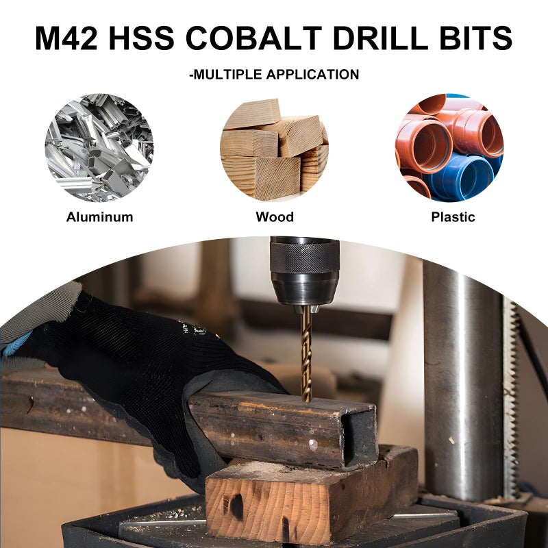 COMOWARE Cobalt Drill Bit Set- 14Pcs M42 8% Cobalt High Speed Steel Twist Jobber Length for Hardened Metal, Stainless Steel, Cast Iron and Wood Plastic with Indexed Storage Case, 1/16"-1/2" - Image 5