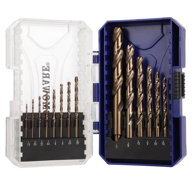 COMOWARE Cobalt Drill Bit Set- 14Pcs M42 8% Cobalt High Speed Steel Twist Jobber Length for Hardened Metal, Stainless Steel, Cast Iron and Wood Plastic with Indexed Storage Case, 1/16"-1/2" - Image 1