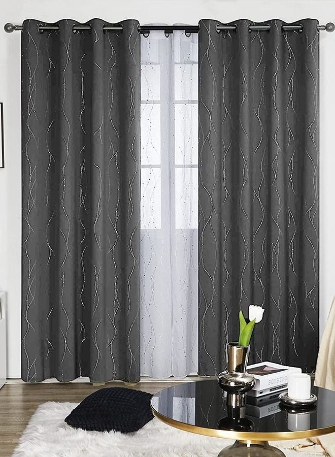 Bukela 2-Piece Window Curtain Dotted Line Foil Printed Thermal Insulated Blackout Curtains with Round Grommet Design - Insulated Window Treatment for Bedroom with Noise Reduction and Temperature Regulation, Machine Washable for Living Room Nursery Bedroom Apartment Home,  Silver/Dark Grey - Image 2