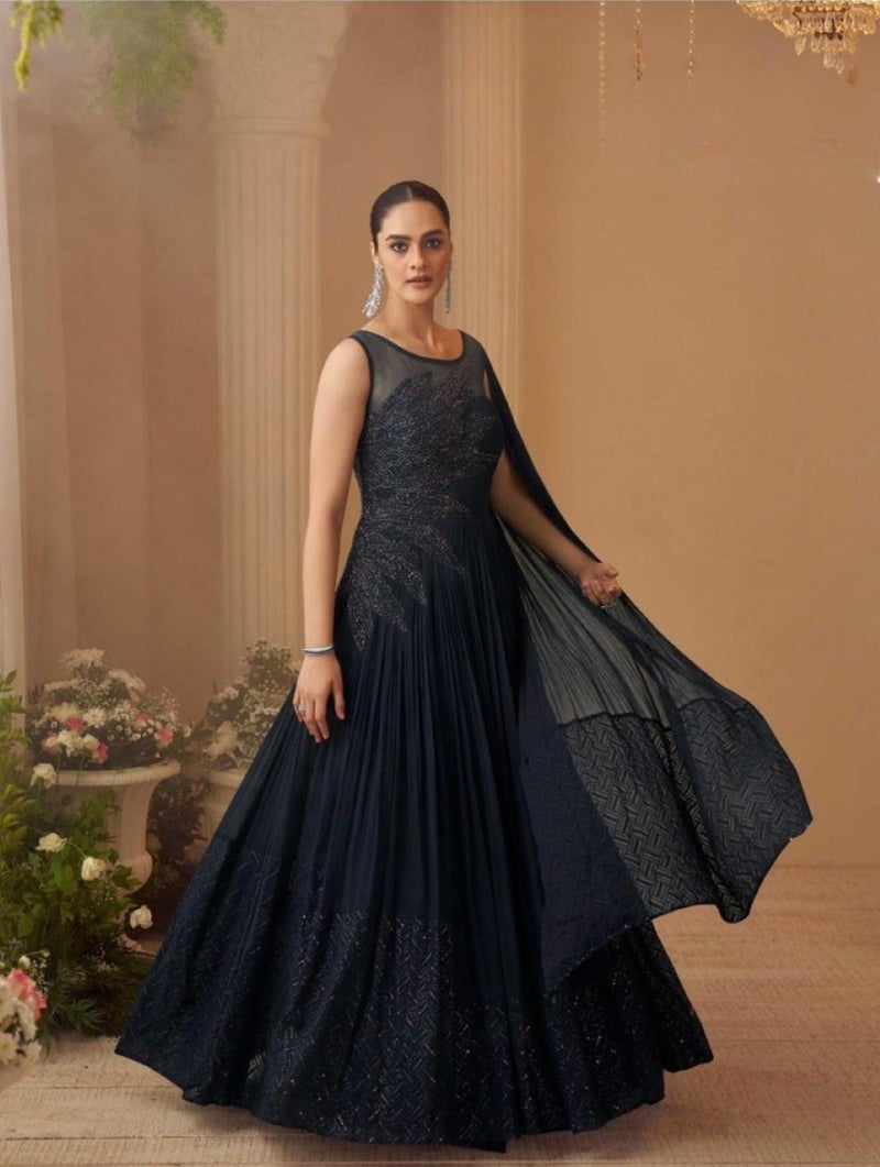 ANAITA Black Chinon Silk Free Size Stitched Gown with Embroidery Work - Image 1