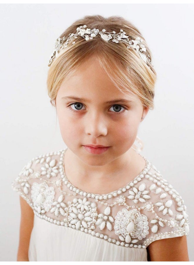 SWEETV Flower Girl Headpiece Silver Princess Wedding Headband Baby Girls Flower Pearl Hair Accessories For Birthday Party, Photography  - Image 2