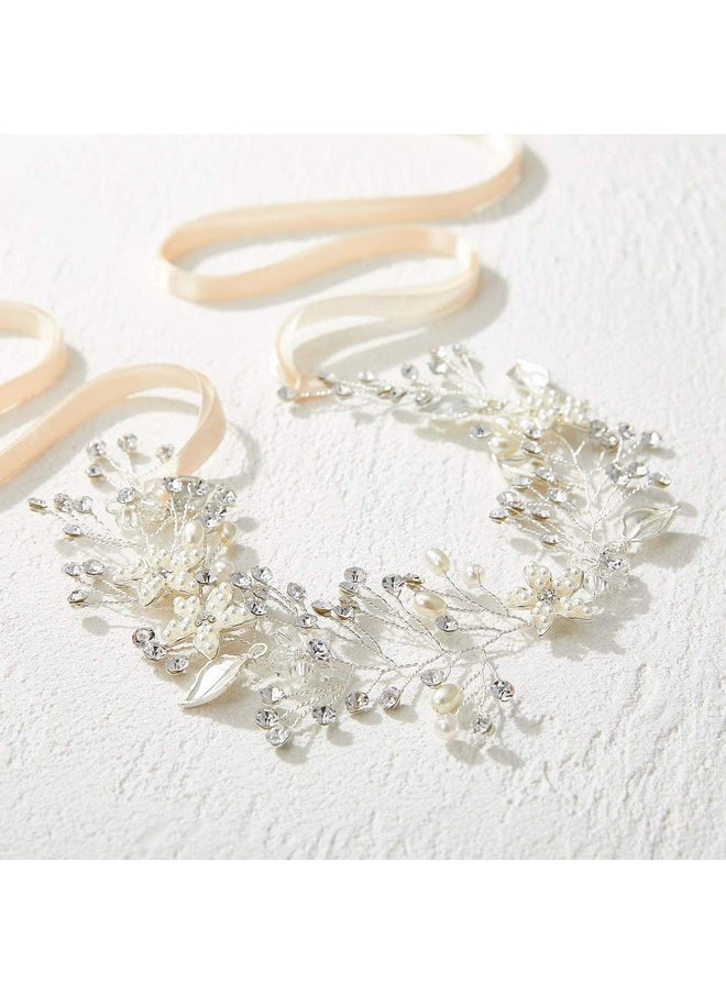 SWEETV Flower Girl Headpiece Silver Princess Wedding Headband Baby Girls Flower Pearl Hair Accessories For Birthday Party, Photography  - Image 5