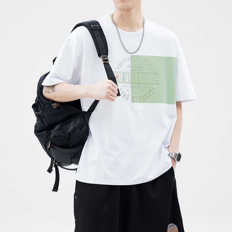Heavy 260G T-Shirt Apricot Three-Dimensional Printing Steel Seal Stitching Short Sleeve Men'S 2024 Summer Micro Loose Half Sleeve Top - Image 2