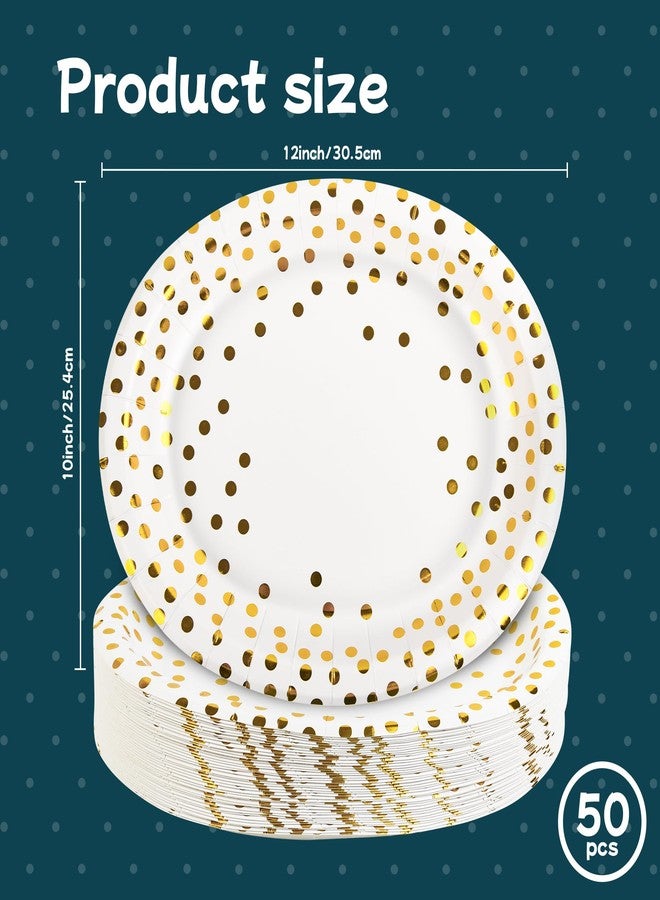 AimFun 50 Pcs Oval Paper Plates Large Disposable Gold Polka Dots Platters 10" X 12" Decorative Dessert Serving Dish Tray for Christmas Tableware Holiday Wedding Thanksgiving Party Favor - Image 2