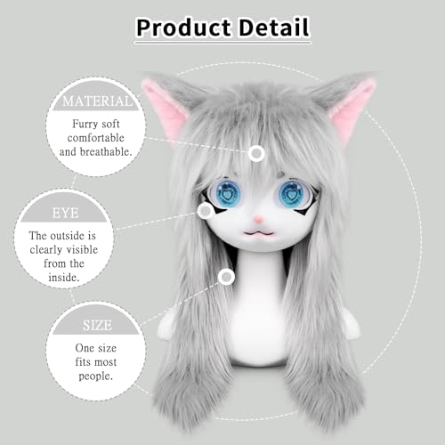 SMILETERNITY SMILETERNIT Animal Head Cat Fursuit Cut Mask Halloween Masquerade Cosplay Costume Props Gray - Image 4