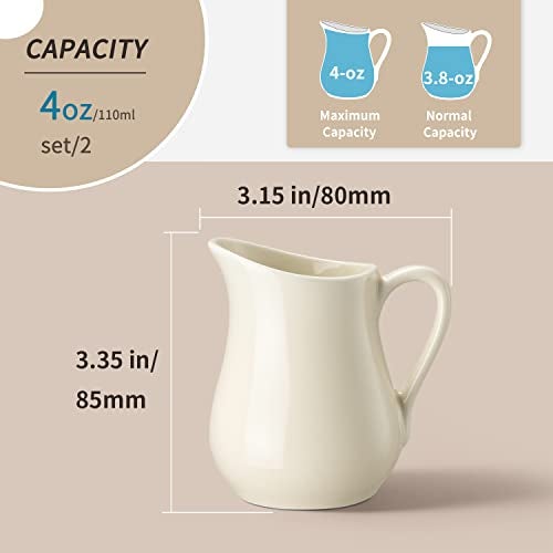 Gurygo 4 Ounce (Set/2) Ceramic Creamer Pitcher with Handle, Small Classic White Fine Porcelain Creamer Container, Small Milk Pitcher for Coffee Milk, Microwave & Freezer Safe (Beige) - Image 3