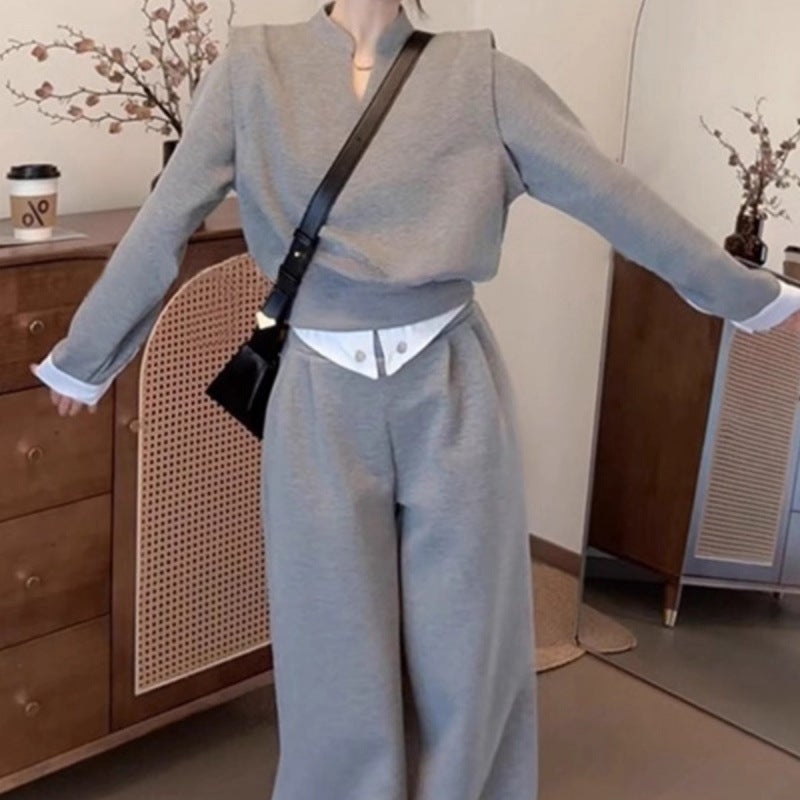 Korean Style V-neck Stitching Contrast Long-sleeved Top High Waist Straight Casual Trousers Womens Autumn Fashion Elegant Two-piece Set Dark gray two-piece set