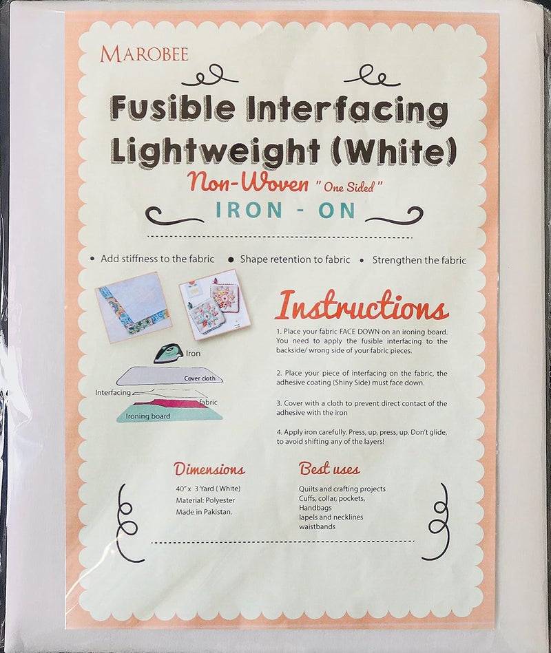 MAROBEE White Fusible Interfacing Lightweight Non-Woven for Sewing and Quilting Projects, Ultra Adhesive Bond Iron-On One Sided - Apparels and Face Masks, DIY Crafts (40 Inch x 3 Yard) - Image 1