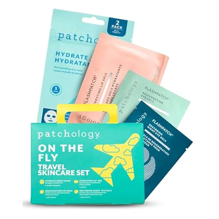 Patchology On The Fly Travel Skincare Kit, Travel-Friendly Hydrating Skin Essentials, Includes 2 Pairs of Eye Patches, 2 Hydrating Face Mask Sheets & 1 Lip Mask, Christmas Gifts & Stocking Stuffers - Image 1