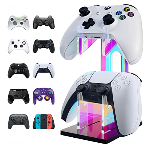 NiHome Iridescent Acrylic 2-Tier Universal Game Controller Headset Holder Stand for PS5 Xbox ONE Switch Colorful Controller Stand Gaming Accessories Anti-Slip Stable Acrylic Clear Headphone Holder - Image 1