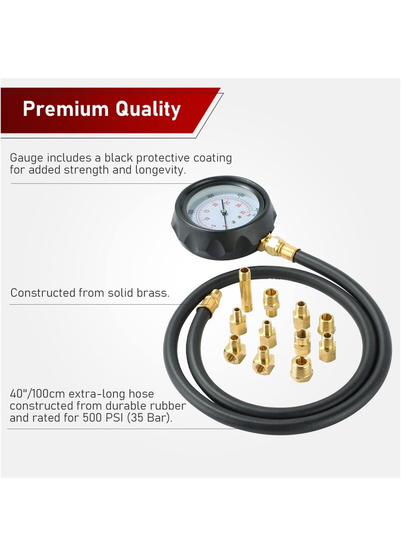 Captaintech Automotive Oil Pressure and Engine Compression Tester Kit with 500 PSI Gauge Hose and Adapters for Fluid Diagnostics - Image 3