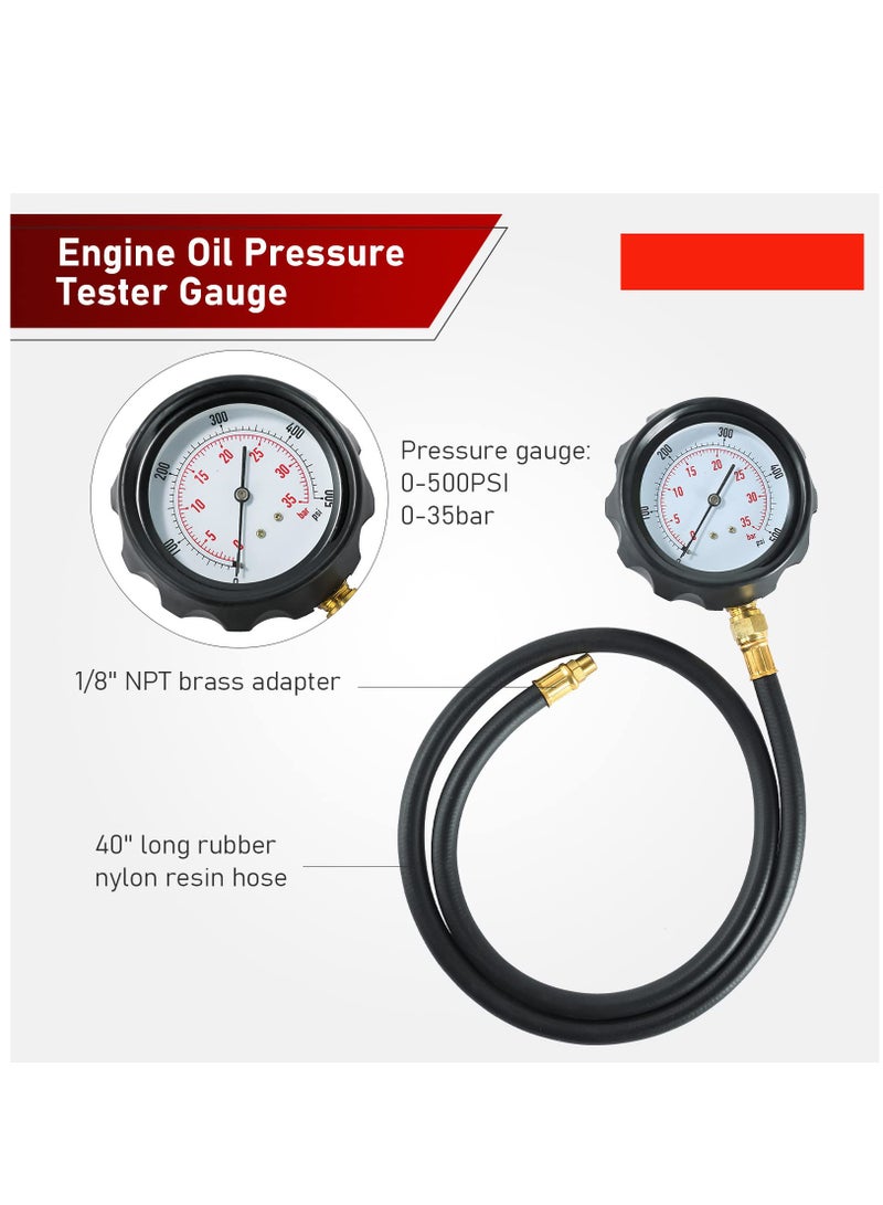 Captaintech Automotive Oil Pressure and Engine Compression Tester Kit with 500 PSI Gauge Hose and Adapters for Fluid Diagnostics - Image 2