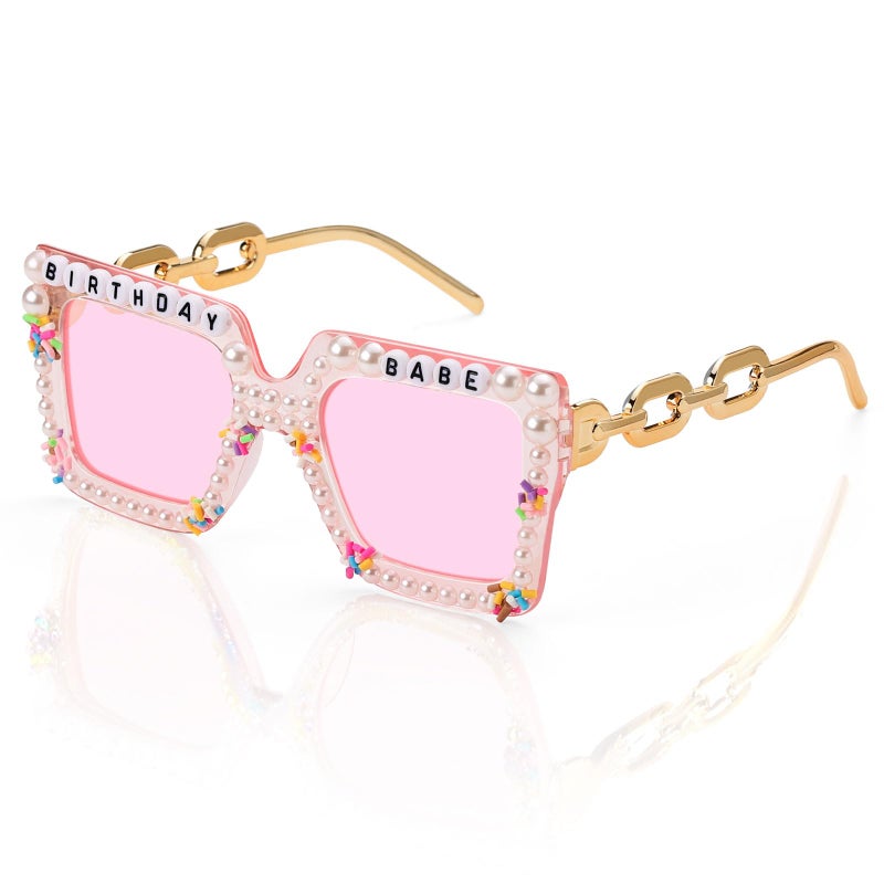 Etercycle Square Sunglasses, Birthday Babe Sunglasses Birthday Gift, Cute Pearl Glasses Birthday Gifts for Pink Birthday Party Decorations - Image 1