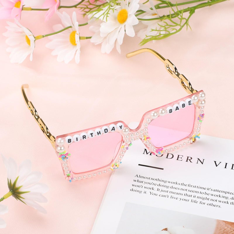 Etercycle Square Sunglasses, Birthday Babe Sunglasses Birthday Gift, Cute Pearl Glasses Birthday Gifts for Pink Birthday Party Decorations - Image 4