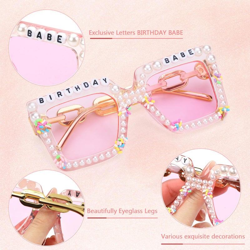 Etercycle Square Sunglasses, Birthday Babe Sunglasses Birthday Gift, Cute Pearl Glasses Birthday Gifts for Pink Birthday Party Decorations - Image 3