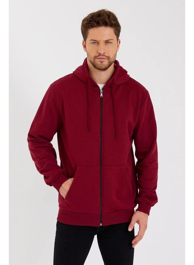 Mmetalic Men’s Burgundy Cotton-Lined Hooded Zip-Up Sweatshirt with Kangaroo Pocket