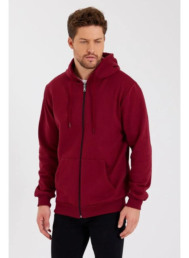Mmetalic Men’s Burgundy Cotton-Lined Hooded Zip-Up Sweatshirt with Kangaroo Pocket