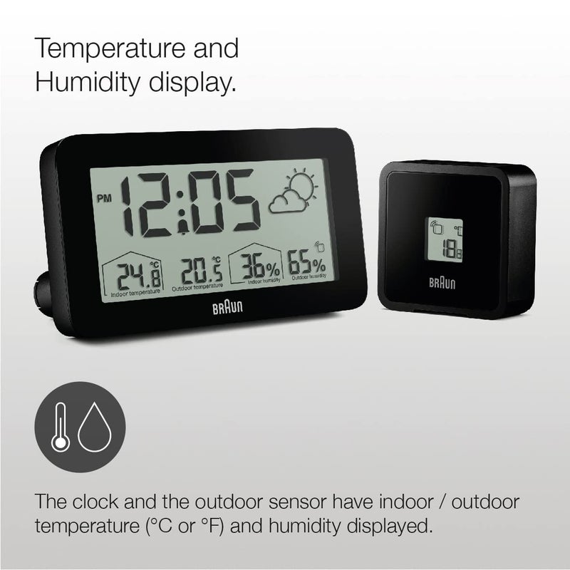 BRAUN Braun Digital Weather Station Clock with Indoor and Outdoor Temperature and Humidity Forecast LCD display Quickset Crescendo beep alarm in black model BC13BP  - Image 4