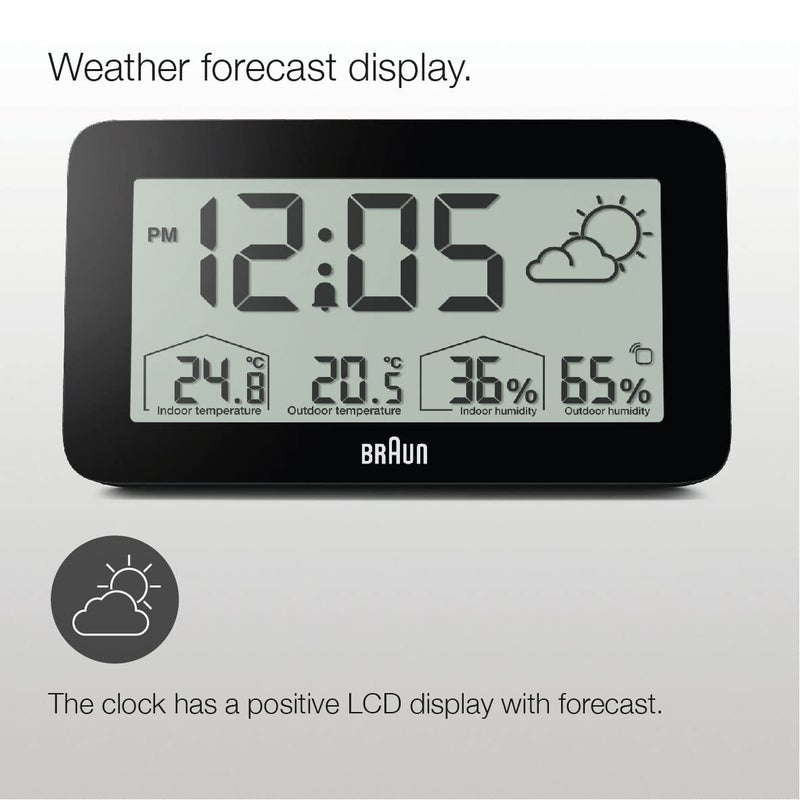 BRAUN Braun Digital Weather Station Clock with Indoor and Outdoor Temperature and Humidity Forecast LCD display Quickset Crescendo beep alarm in black model BC13BP  - Image 5