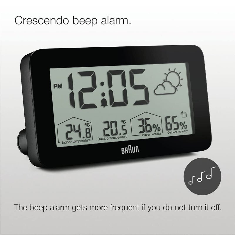 BRAUN Braun Digital Weather Station Clock with Indoor and Outdoor Temperature and Humidity Forecast LCD display Quickset Crescendo beep alarm in black model BC13BP  - Image 2