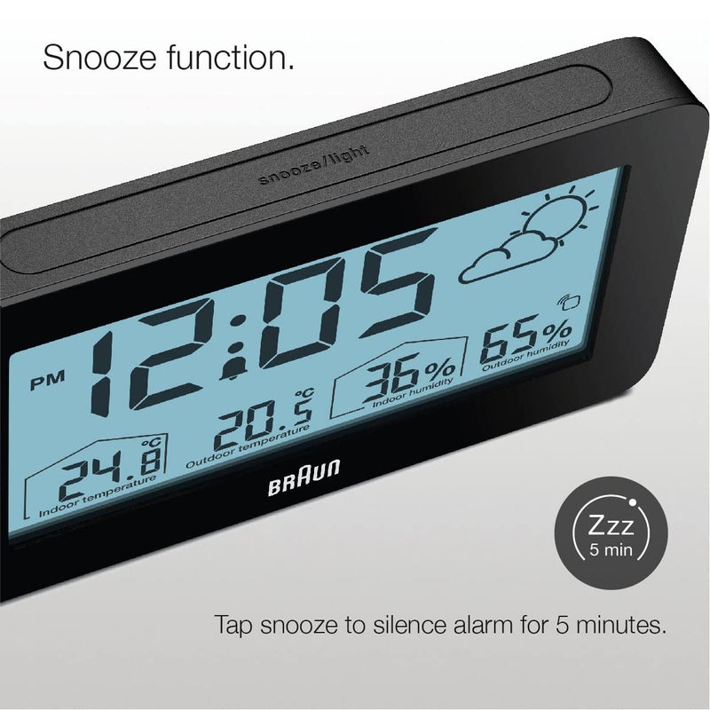 BRAUN Braun Digital Weather Station Clock with Indoor and Outdoor Temperature and Humidity Forecast LCD display Quickset Crescendo beep alarm in black model BC13BP  - Image 3
