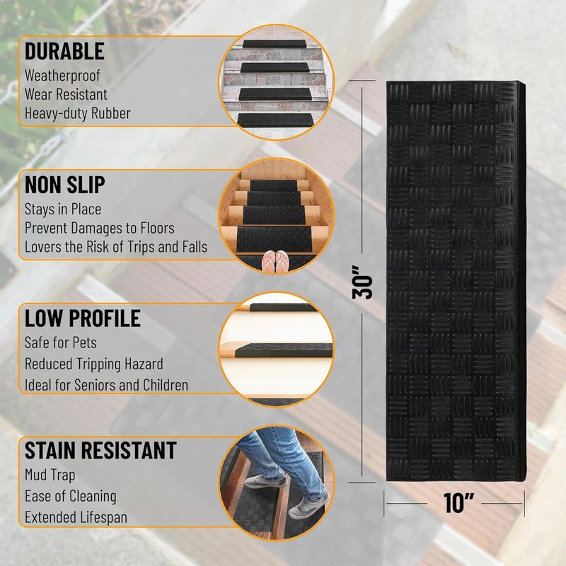 Ottomanson Indoor/Outdoor Hose-Wash Square Edge Design Non-Slip Rubber 10" x 30" Modern Stair Treads for Stairs, Garage, Patio, 5 Pack, Ridged Black - Image 4