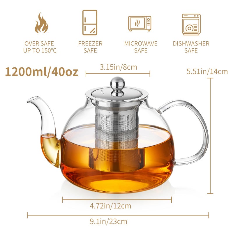 DOPUDO 40OZ (1200ML) Glass Teapot with Infuser Stovetop Safe, Clear Glass Tea Pot Kettle, Borosilicate Tea Pot with Infusers Filter for Loose Tea, Tea Kettle Dishwasher Safe - Image 1