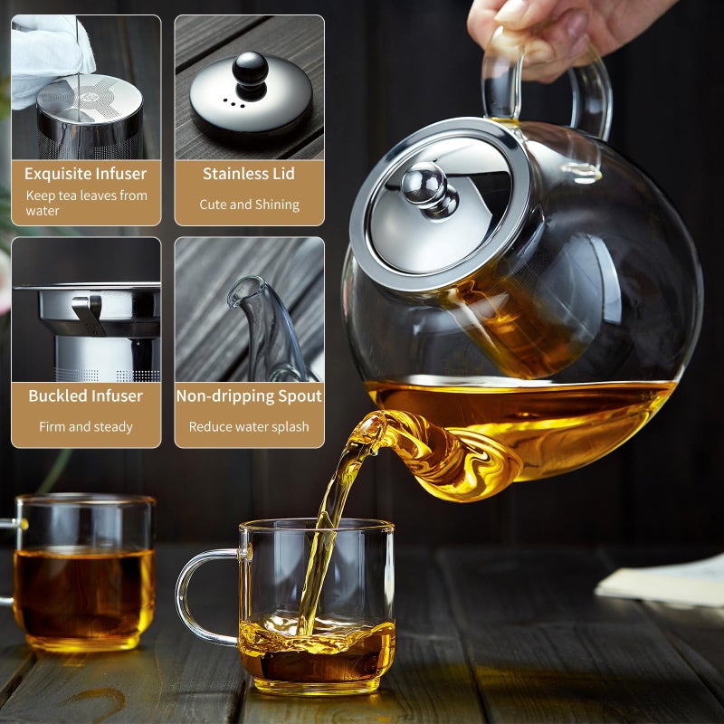 DOPUDO 40OZ (1200ML) Glass Teapot with Infuser Stovetop Safe, Clear Glass Tea Pot Kettle, Borosilicate Tea Pot with Infusers Filter for Loose Tea, Tea Kettle Dishwasher Safe - Image 2