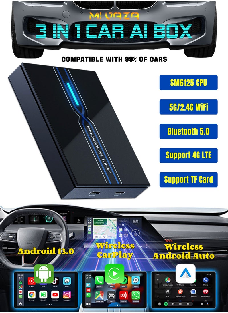 Mi VAZA - Wireless CarPlay Box - Wireless Android Auto - 3-in-1 Car AI Box - Car Link Kit - Android 13.0 - Car Adapter Box - Support 5G/2.4G Wifi, Bluetooth 5.0, Mirco SD Card, 4G LET - 4+64GB - Image 1