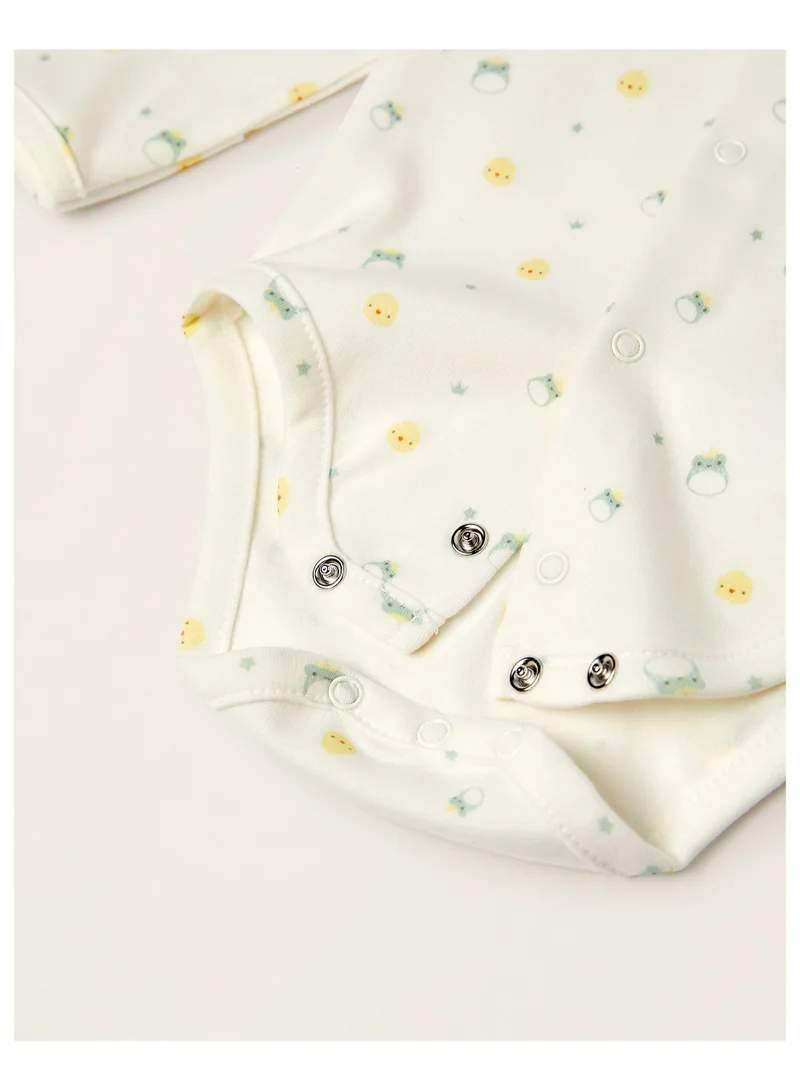 زيبي Cotton Bodysuit with Integrated Glove for Newborn Babies 'Frogs&Chicks', White
