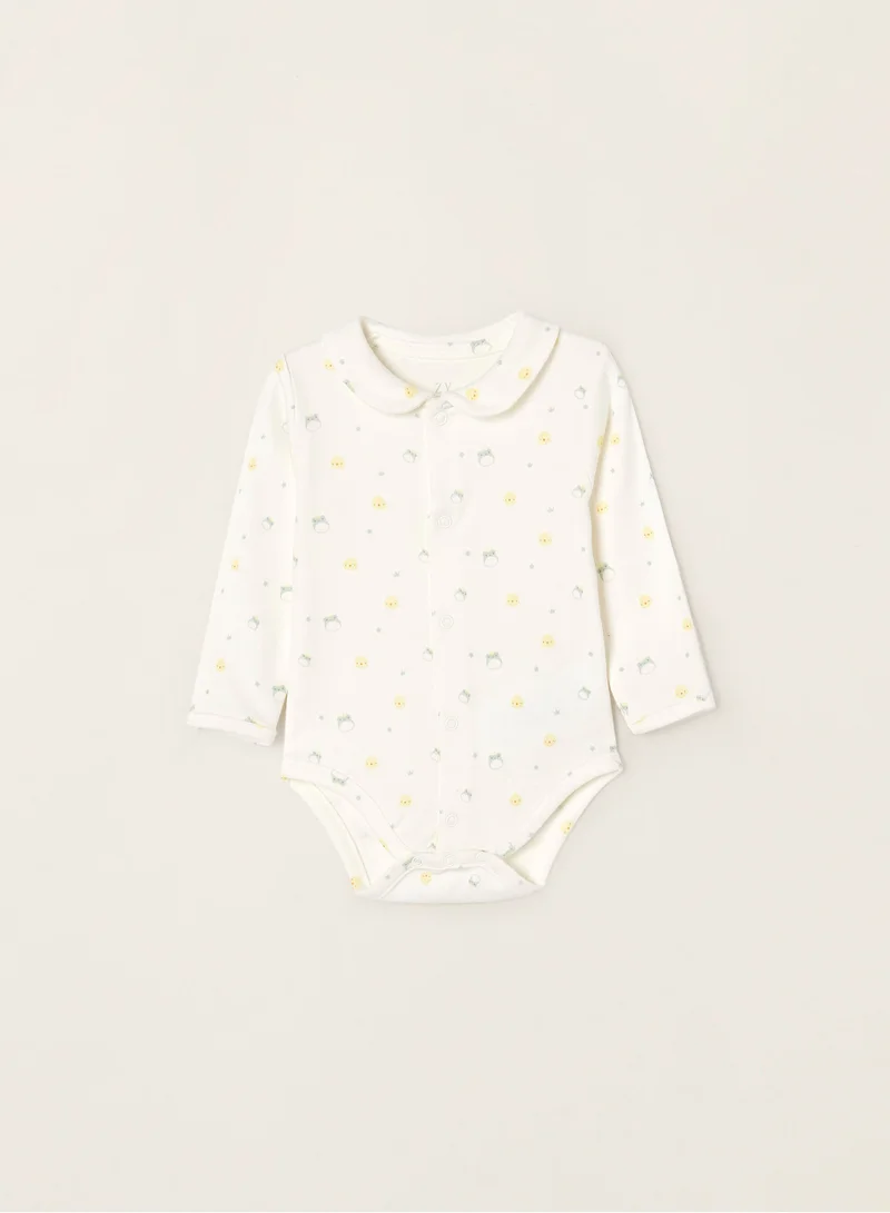زيبي Cotton Bodysuit with Integrated Glove for Newborn Babies 'Frogs&Chicks', White