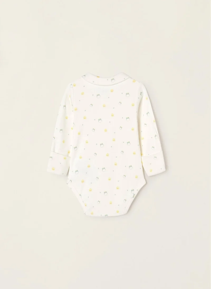 زيبي Cotton Bodysuit with Integrated Glove for Newborn Babies 'Frogs&Chicks', White