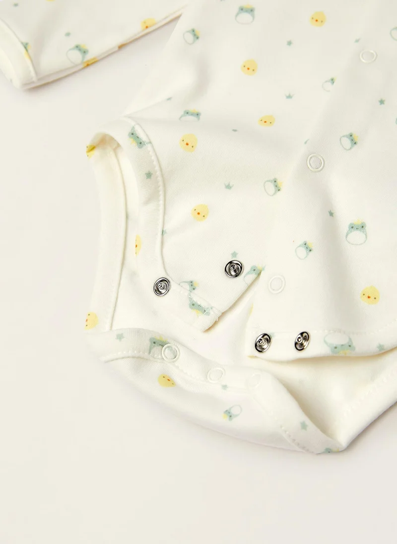 زيبي Cotton Bodysuit with Integrated Glove for Newborn Babies 'Frogs&Chicks', White