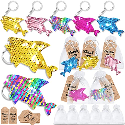 CiciBear 60 Pack DoubleDeck Shark Sequin Keychain Set with 20 Shark Keychains 20 Thank You Tags and 20 Gift Bags for Ocean Animal Party Favor Kids and Adult Birthday Baby Shower 5 Colors - Image 1