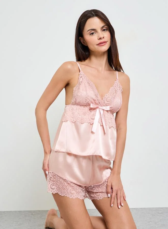 Take Two Light Pink Lace and Bow Details Cami Top and Shorts Satin Pajama Set