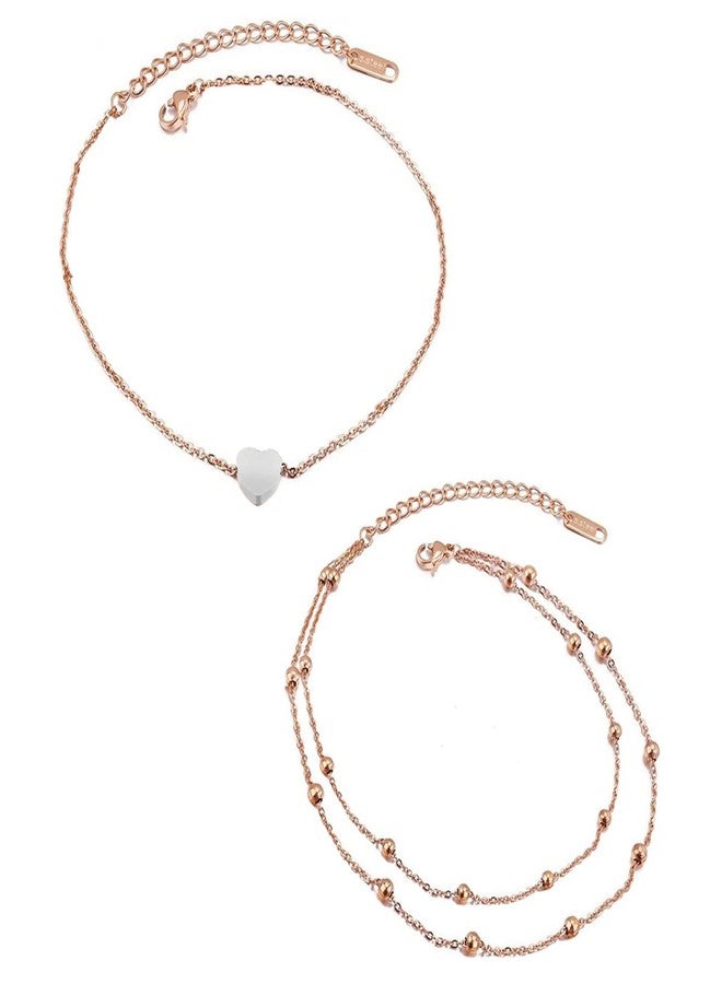 OOMPHelicious Jewellery Combo of 2 Gold Tone Heart & Beads Multi Layer Fashion Anklet For Women & Girls - Image 1