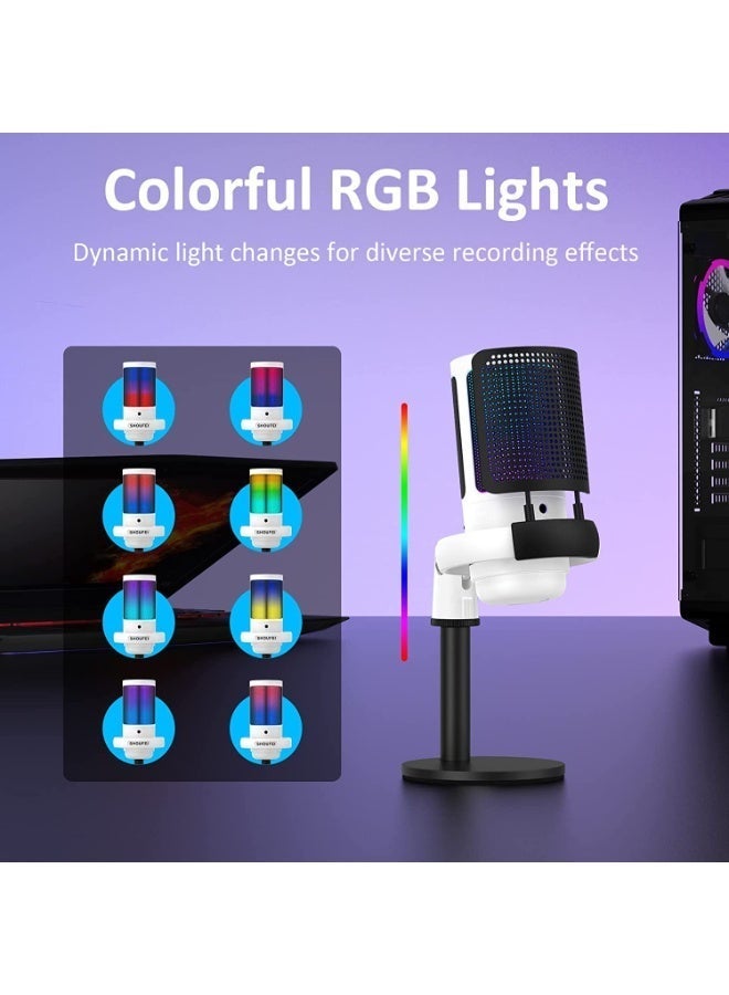 FlashHawk Desktop RGB Gaming Microphone with Quick Mute & Pop Filter | USB/Type-C | PC/PS5/PS4/Mac | 9 Color Modes & 70dB SNR, White - Image 2