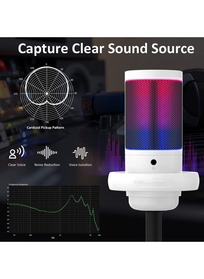 FlashHawk Desktop RGB Gaming Microphone with Quick Mute & Pop Filter | USB/Type-C | PC/PS5/PS4/Mac | 9 Color Modes & 70dB SNR, White - Image 4