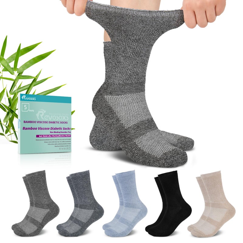 Revosoxs Diabetic Crew Socks for Men Women,Bamboo Viscose Non-Binding Loose Top Wide Socks with Seamless Toe 9-11 10-13(Dark B-Large) - Image 1