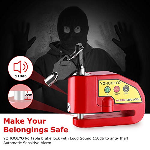 YOHOOLYO Alarm Disc Lock Motorcycle Disc Brake Lock AntiTheft Waterproof 110 dB 7mm Pin 5ft Reminder Cable for Motorcycles Bike Scooter Carry Pouch Red - Image 3