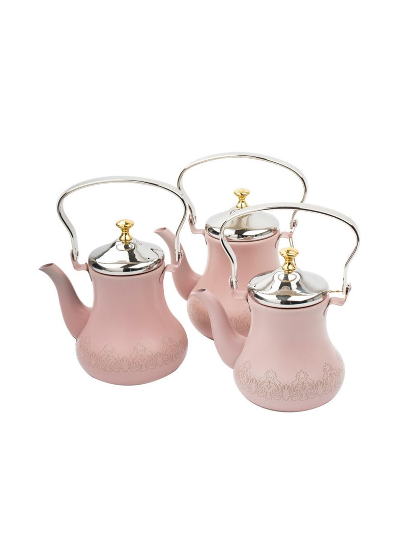 Hic 3 Piece Moroccan Steel Tea Pot Set Pink Color Laser Engraved - Image 1