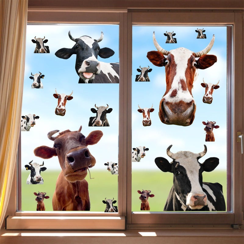 Large 20PCS Funny Cow Decals Cow Window Stickers Peeking Cow Wall Sticker Peel and Stick Decal Rustic Farm Animal Wall Decals Cow Print Decor Vinyl Art Mural Sticker for Living Room Kitchen Decoration