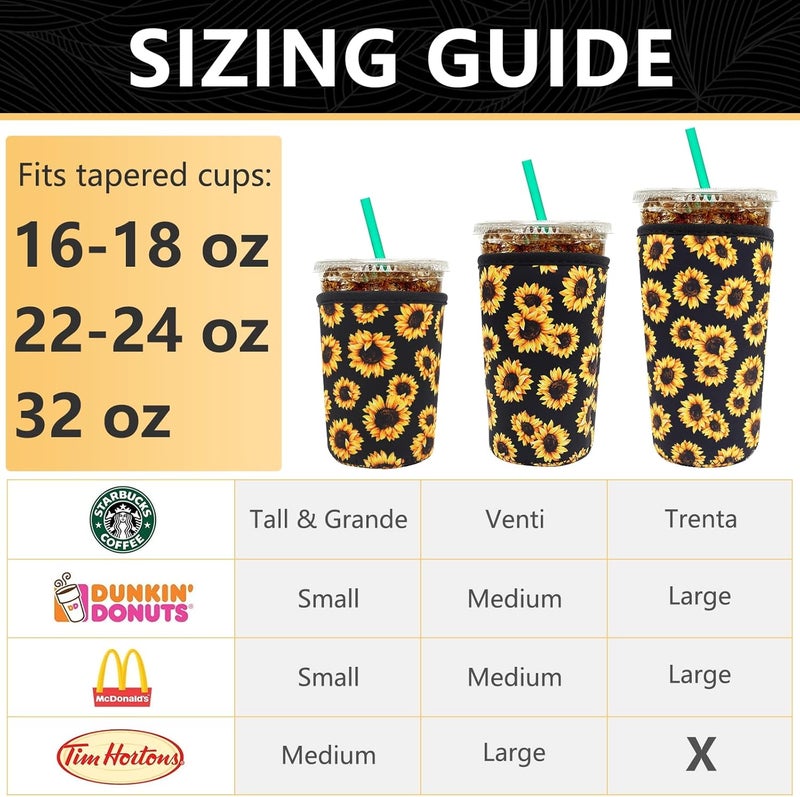YR Reusable Neoprene Insulator Sleeve for Iced Coffee Cups, 3 Pack Coffee Coolies sleeves for Iced u0026 Hot Drinks, Cold Beverage Cooler Compatible with Starbucks Coffee and More (Sunflower) - Image 2