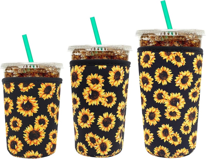YR Reusable Neoprene Insulator Sleeve for Iced Coffee Cups, 3 Pack Coffee Coolies sleeves for Iced u0026 Hot Drinks, Cold Beverage Cooler Compatible with Starbucks Coffee and More (Sunflower) - Image 1