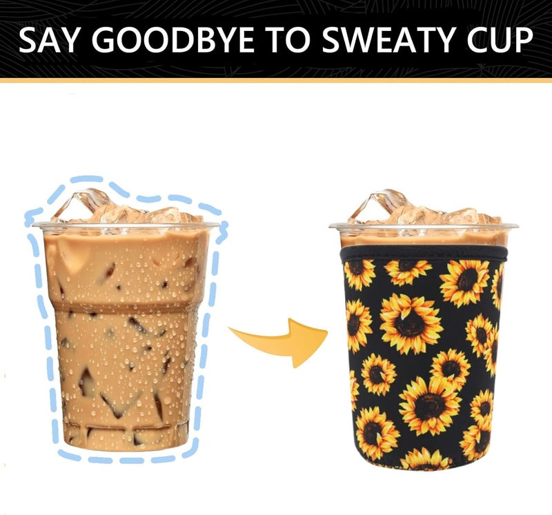 YR Reusable Neoprene Insulator Sleeve for Iced Coffee Cups, 3 Pack Coffee Coolies sleeves for Iced u0026 Hot Drinks, Cold Beverage Cooler Compatible with Starbucks Coffee and More (Sunflower) - Image 3