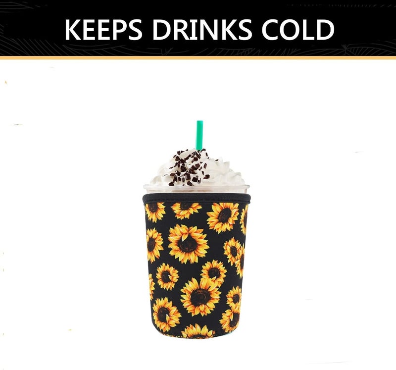 YR Reusable Neoprene Insulator Sleeve for Iced Coffee Cups, 3 Pack Coffee Coolies sleeves for Iced u0026 Hot Drinks, Cold Beverage Cooler Compatible with Starbucks Coffee and More (Sunflower) - Image 4