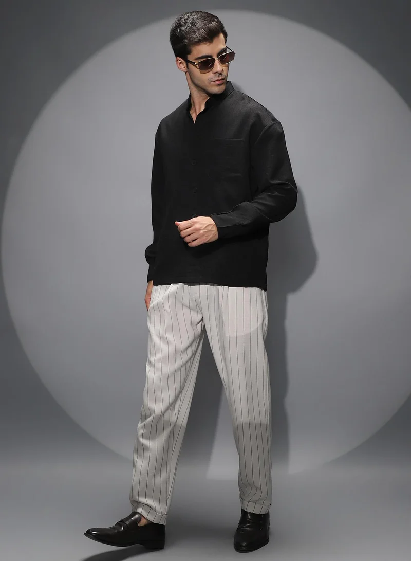 Campus Sutra Campus Sutra Men's Onyx Black Band-Collar Heathered Shacket For Casual Wear | Band Collar | Long Cuffed Sleeves | Button Closure | Overshirt/Shacket Shirt Crafted With Comfort Fit For Everyday Wear
