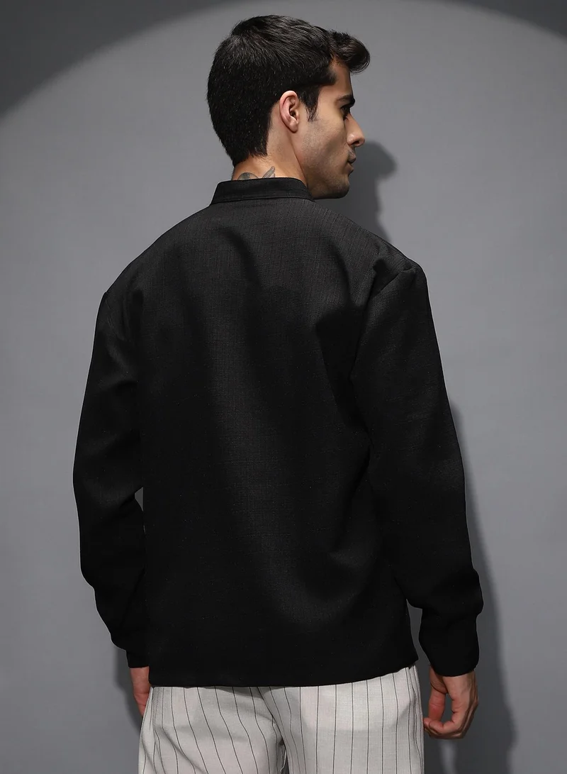 Campus Sutra Campus Sutra Men's Onyx Black Band-Collar Heathered Shacket For Casual Wear | Band Collar | Long Cuffed Sleeves | Button Closure | Overshirt/Shacket Shirt Crafted With Comfort Fit For Everyday Wear