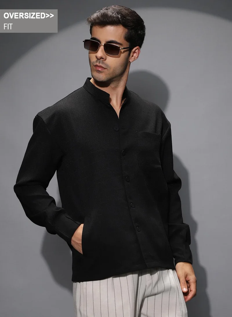 Campus Sutra Campus Sutra Men's Onyx Black Band-Collar Heathered Shacket For Casual Wear | Band Collar | Long Cuffed Sleeves | Button Closure | Overshirt/Shacket Shirt Crafted With Comfort Fit For Everyday Wear